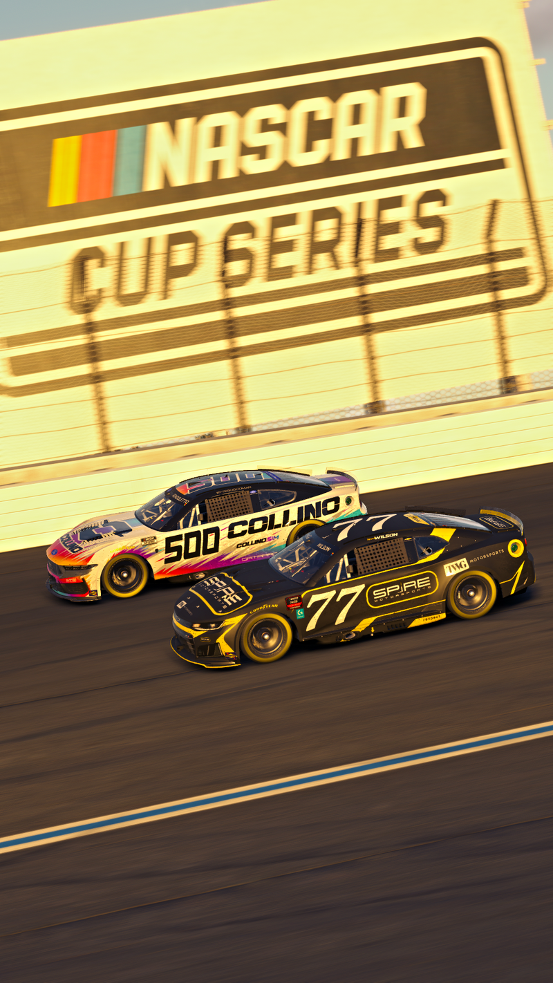 Byte.Collino drivers competing during the iRacing World 600 endurance event at Charlotte Motor Speedway in a high-speed NASCAR oval race.