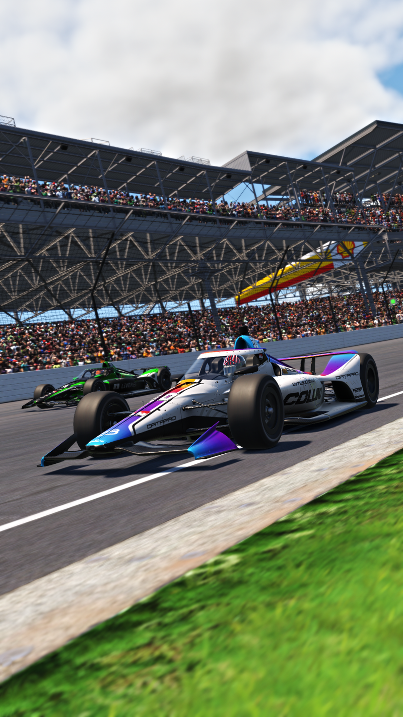 Byte.Collino driver competing in the iRacing Indy 500 during the Fastest 33 qualifying session on a high-speed oval circuit in the United States.